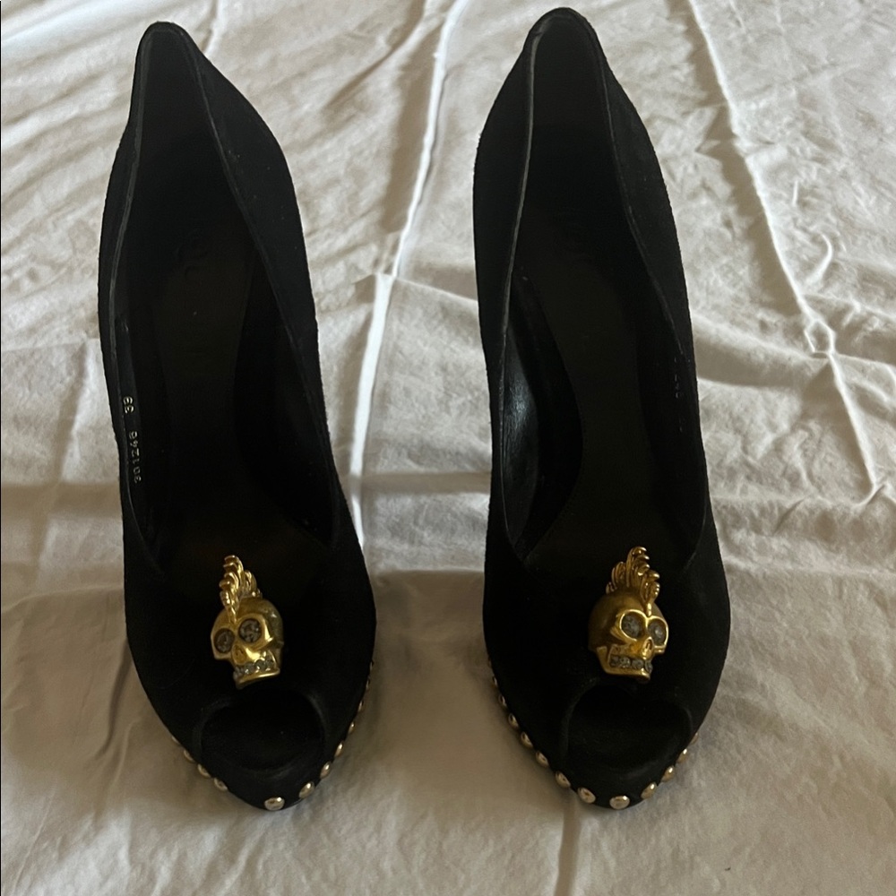Alexander McQueen Black Suede Peep-Toe Heels with Gold Skull Accent Size 39